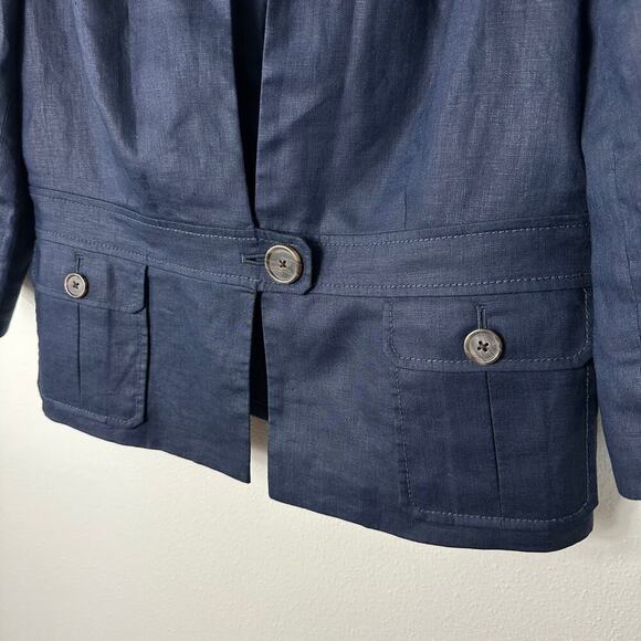 J.Crew Linen Blazer One Button Crop 3/4 Sleeves Collarless Coastal Navy Blue 6 - Picture 4 of 9